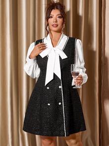 Cravure Plus Size Women's Spring/Autumn Elegant Knotted Collar Lantern Sleeve Loose Shirt And Contrast Ribbon Double-Breasted Cardigan Vest Dress 2 Pieces Set - Black and White - View 3