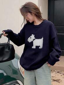 DAZY 女式宽松圆领蝴蝶结图案毛衣 - 藏蓝色 - 查看 3