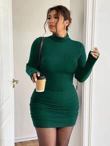 SHEIN Frenchy 大码女式高领纹理面料黑色紧身长袖连衣裙，百搭针织连衣裙，适合日常穿着和通勤，秋冬 - 墨綠色 - 查看 5