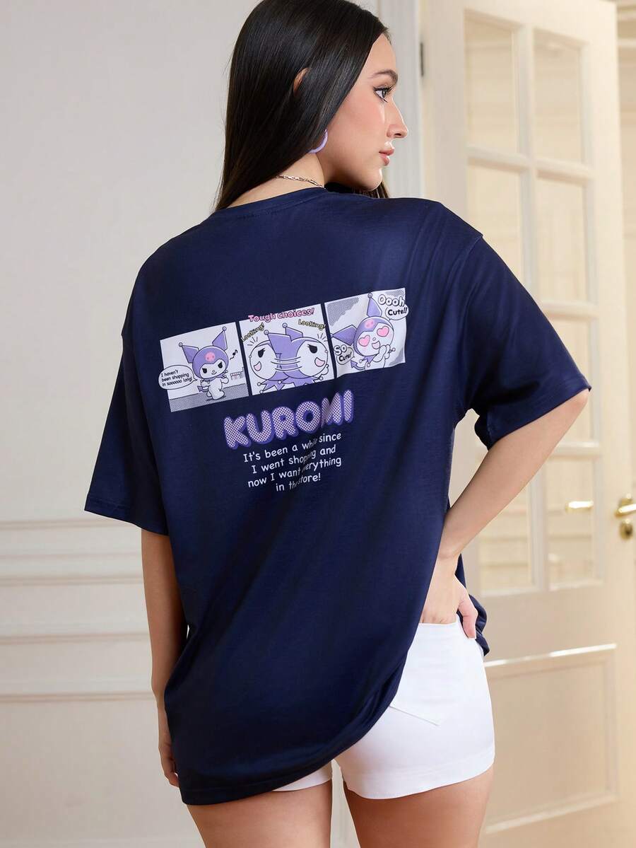 HELLO KITTY AND FRIENDS | SHEIN 女式休闲趣味卡通口号图案宽松T恤，夏季 - 紫色 - 查看 1