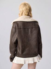 ROMWE Grunge Punk 女式拉链休闲机车夹克，带保暖衬里，秋冬 - 咖啡棕 - 查看 6