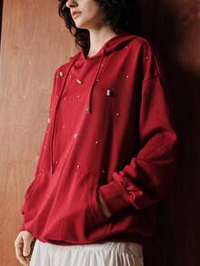 Uhlyne Women's Autumn/Winter Casual Christmas Red Basic Versatile Bubble Bead Design Flattering Christmas Pocket Hooded Drawstring Commuting Business Office Everyday Comfortable Versatile Elegant Urban Teacher Professional Attire Minimalist Office Wear Niche Luxury Elegant Clothing Series With Subtle Designs Outerwear Sweatshirt - 紅色 - 查看 1