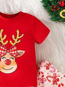 SHEIN Playful Pals 夏季时尚女宝宝，甜美优雅的蝴蝶结樱桃图案圆领短袖上衣搭配可爱的豹纹喇叭裤，日常穿着，外出必备单品 - 彩色 - 查看 6
