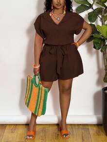 Slaydiva 2025 New Versatile Casual All-Match Beach Short Sleeve Jumpsuit/Rompers For Women, Summer, With Belt - A Brown Dress Plus Size Brown Romper Plus Size Short Sets Earthy Plus Size Brown Romper Women