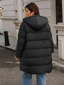 SHEIN Frenchy Cappotto imbottito con cappuccio, chiusura lampo e coulisse, taglia comoda, per l'inverno - nero - Visualizzare 5