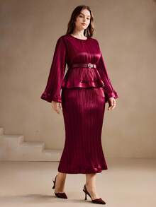 Anewsta Autumn/Winter Burgundy Vintage Ruffle Hem Pleated Plus Size Women's Mid-Length Dress - Burgundy - View 6