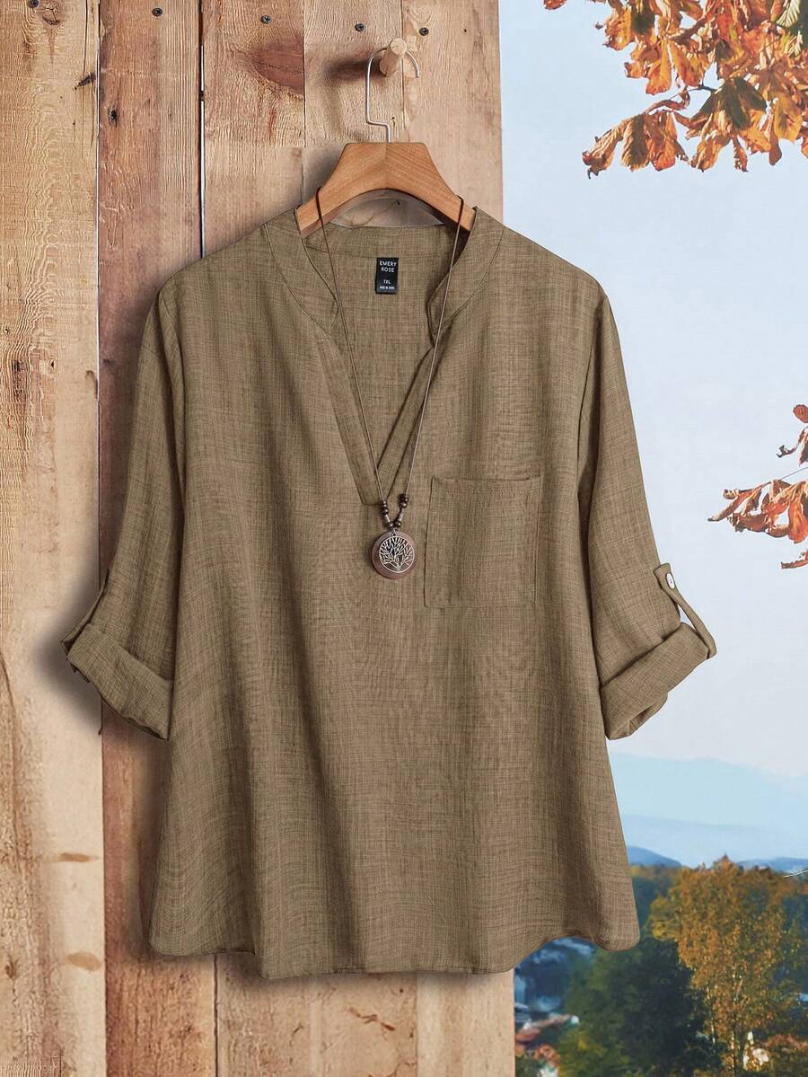 Rusticease 大码女式纯色V领卷袖衬衫，女式西装 - 卡其色 - 查看 1