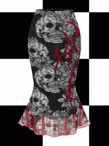 Shutterstock Y2Kool Women's Y2K Black Double-Layer Mesh Skirt With Hand Painted Skeleton, Floral, Thorns And Flowing Water Prints, Suitable For Festivals And Parties Matching Idea Stylish Collection New Year Black Goth Skirt Fishtail Skirt Black Red Skirt With Skulls Gyaru Graphic Skirt - Black - View 6