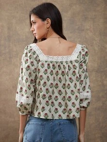 WESTFADE 方领钩花边泡泡袖宽松棉混纺印花摆裙上衣，适合秋季、冬季、波西米亚风、休闲风、可爱风、假日风、感恩节、圣诞节、西部风、乡村风等场合。 - 彩色 - 查看 2