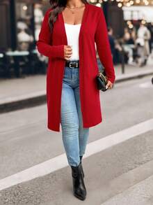 EMERY ROSE Christmas 1pc Women Plus Size Solid Color Long Sleeve Casual Comfortable Cardigan Sweater Winter - Red - View 4