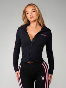 Missguided x Playboy Zip Up Track Jacket With Pink Stripe Detail Long Sleeve Athletic Outerwear For Spring Autumn Activewear - Multicolor - View 4