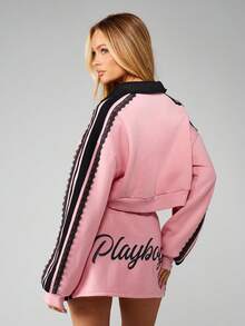 Missguided x Playboy Logo Sweatshirt With Black Contrast Trim V Neck Long Sleeve Pullover Top
