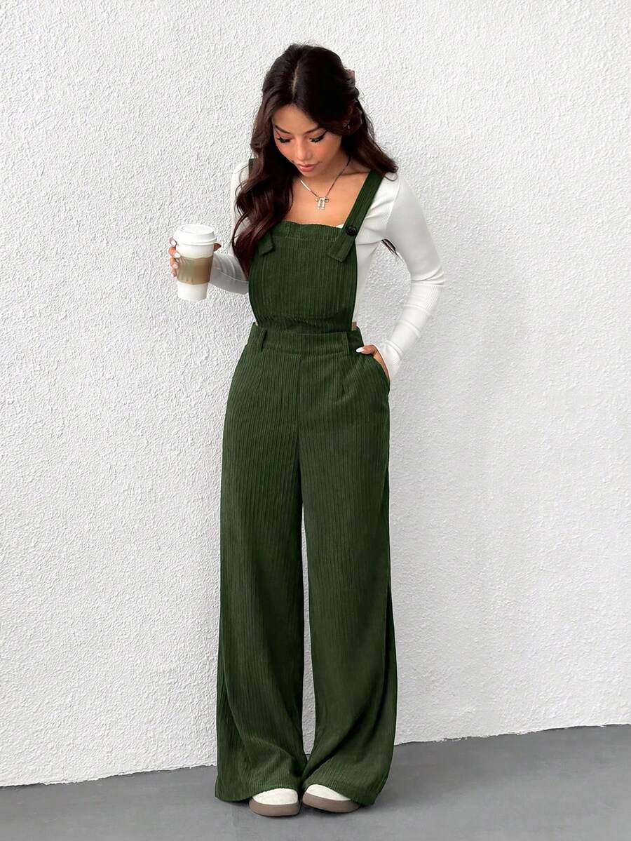 SHEIN EZwear Bộ đồ liền thân thường ngày cho nữ màu xanh ô liu, phong cách tối giản cho trang phục hàng ngày, mùa thu/đông - xanh quân đội - Xem 1