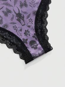 ROMWE Goth 3 sztuki/opakowanie damskie majtki bikini z koronką kontrastową i nadrukiem motyli w dużych rozmiarach