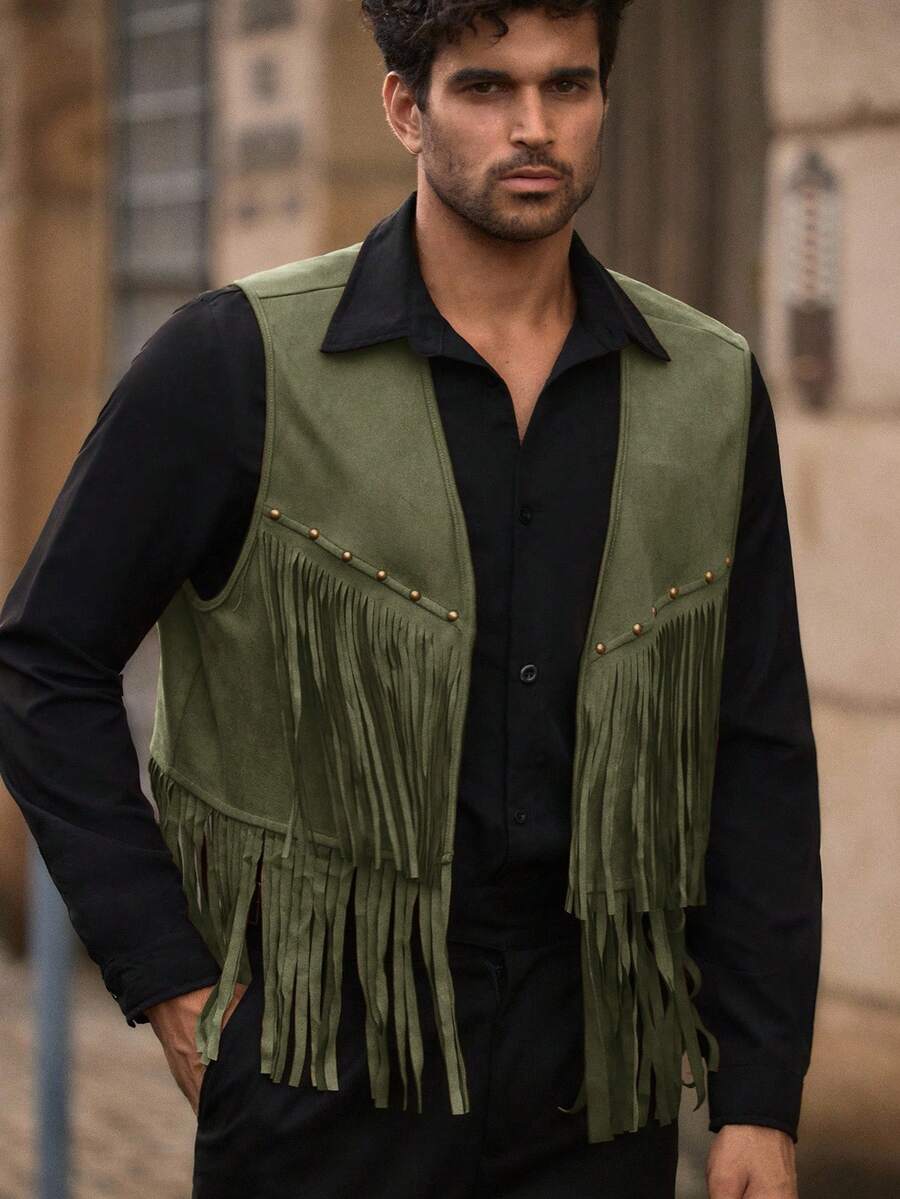 Manfinity NXTstreet Áo khoác tua rua trang trí đinh tán bằng da lộn cho nam - xanh quân đội - Xem 1