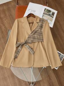 Franclia Women's Grey Plaid Autumn Elegant Office Blazer,Notched Lapel Tie Detail Versatile Business Urban Jacket For Commuting,Holiday,Casual Wear & Parties - Khaki - View 3