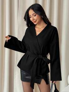 SHEIN PETITE 系带大衣，秋冬简约时尚休闲日常 - 黑色 - 查看 5