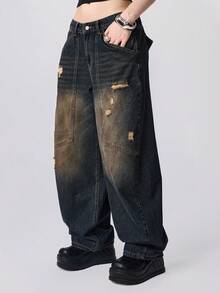 ROMWE Grunge Punk Quần jeans cạp thấp phong cách retro Y2K Streetwear dành cho nữ - màu đen - Xem 6