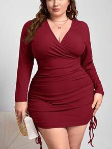 SHEIN Privé Plus Size Women Solid Color Wrap Around Long Sleeve Fitted Dress Bodycon Plus Size Dress Plus Size Club Dress Burgundy Plus Size Dress Ruched Plus Size Dress Plus Size Sexy Dress Plus Size Bodycon Dress Plus Size Ruched Dress/Winter - Burgundy - View 3
