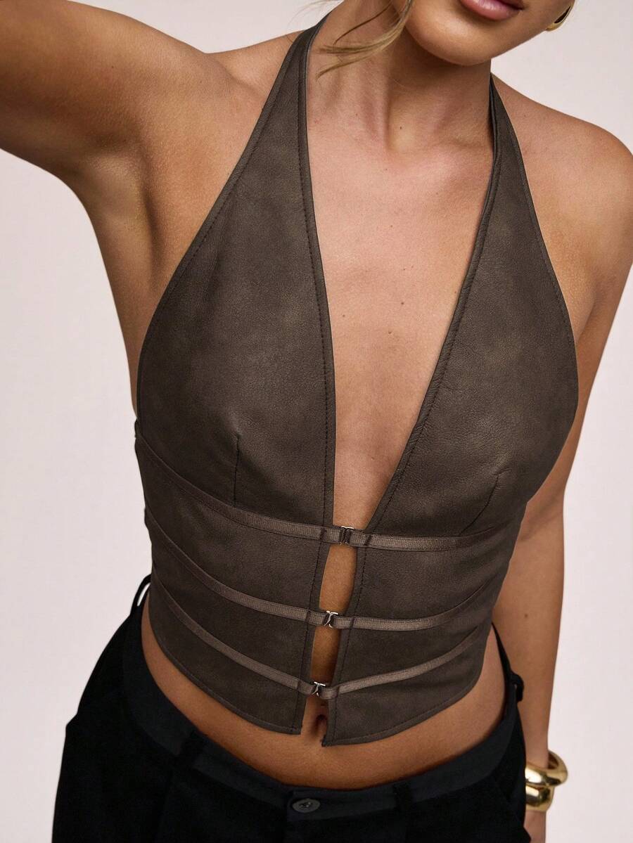 SHEIN BAE 女式纯色简约露背吊带背心 - 巧克力棕 - 查看 1