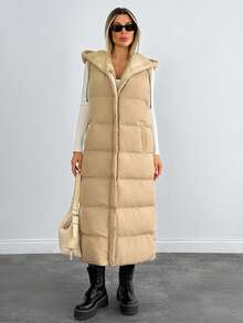 EURMUSE Solid Color Hooded Sleeveless Pockets Long Hooded Padded Coat - Beige - View 4