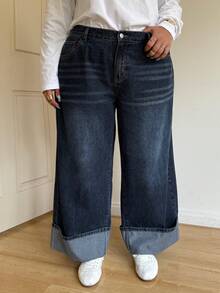 SHEIN CURVE+ Große Größen Lässig Washed Weite Bein Jeans