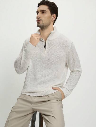 Manfinity CityGents Men's Fashionable Casual Zip-Up Long Sleeve Sweater Men Clothing Jumper For Men Mock Neck Men Men Sweater Top It Is Great For Couples And Makes An Excellent Gift Idea For Boyfriends Or Husbands Men's Casual Solid Color Stand Collar Sweater, Autumn/Winter