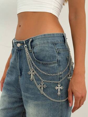 Goth 1 pezzo Cintura vita stile punk con catena a croce, catena multistrato in lega di ferro, catena per pantaloni decorativa personalizzata da donna, per decorazione pantaloni, casual, festival musicali, accessorio da festa