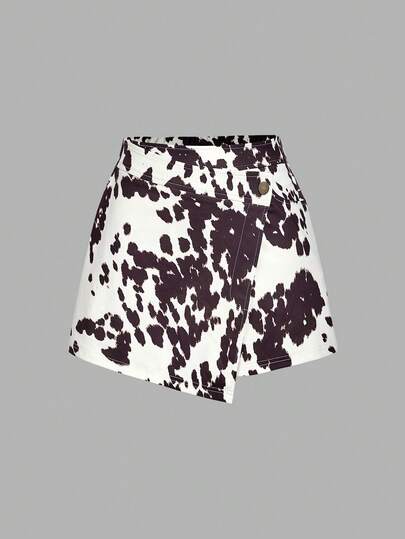 SHEIN MOD Plus Size Asymmetric Layered 2 In 1 Skort With Cow Print , Vintage 70s, Y2K, Date, Party, Court, Festive, Birthday, Back-To-School Preppy, Business Casual Women's Wear, Office Suit, Professional, Old Money Style, Commuter Cow Print Skort, New Year