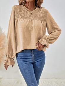 EMERY ROSE Áo kiểu nữ màu trơn cổ tròn, vai thường, tay dài, dáng rộng, thoải mái. - Màu be - Xem 5