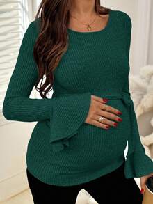 SHEIN Maternity Casual Solid Color Ribbed Waist Flare Sleeve T-Shirt Green Maternity Top Dress For Pregnant Women Pregnancy Clothes Green Maternity Dress Maternity Clothes Fall Winter