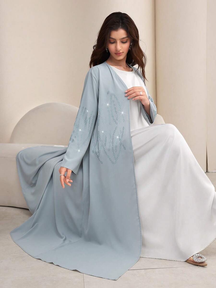 Al Najma 女士宽松优雅水钻装饰长袍,黑色 - 綠色 - 查看 1
