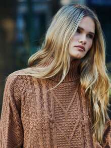 SHEIN Essnce Mixed Knit Asymmetrical Hem Jumper - Camel - View 8