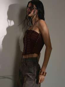 MUSERA PU拉链前系带修身束身胸衣上衣，适合秋季可爱乡村西部风情夜生活、性感假日派对、春夏节日 - 巧克力棕 - 查看 4