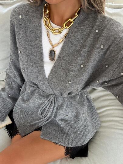 Livesso Cardigan lavorato a maglia con laccio, decorato con strass e paillettes, adatto per l'abbigliamento casual da ufficio, per l'autunno/inverno delle donne