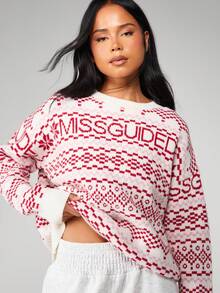 MISSGUIDED Pulover supradimensionat de Crăciun cu imprimeu Fair Isle și guler rotund, cu mânecă lungă și logo-ul inscripționat pe imprimare, pentru festivitățile de iarnă - Multicolor - Vizualizare 5