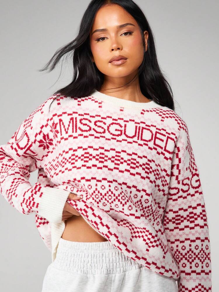 MISSGUIDED Oversized Fair Isle Christmas Jumper With Crew Neck