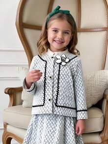 PrepCrw 1pc Young Girl Elegant Urban College 3D Floral Decor Black & White Jacket, Suitable For Parties, Outings, Daily Wear, Back To School, Summer, Autumn,Fall Outfits,Fall Clothes For Kids,Stitch,Old Money,Winter Clothes ,Winter Clothes For Kid,ElegantCasual,Holiday - Multicolor - View 9