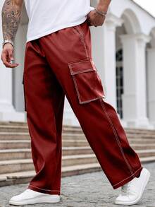 Manfinity Homme Plus Size Men's Casual Contrast Stitching Cargo Pants, For Fall - Burgundy - View 4
