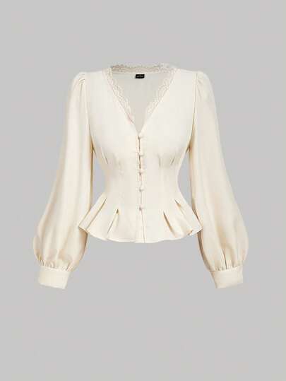 SHEIN MOD 女士纯色撞色蕾丝V领单排扣优雅灯笼袖衬衫