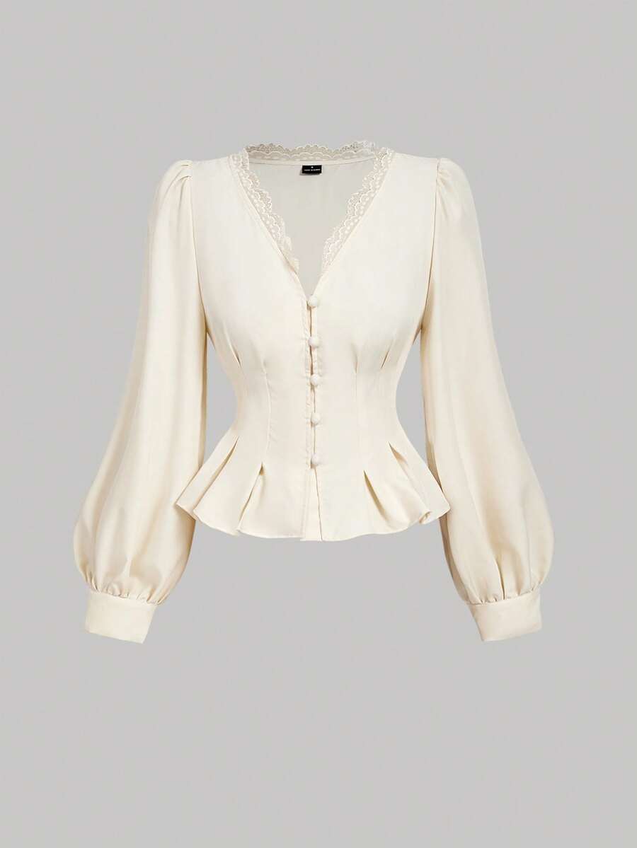 SHEIN MOD Women's Solid Color Contrast Lace V-Neck Single-Breasted Elegant Lantern Sleeve Blouse - Apricot - View 1