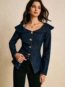 Poéselle Women's Fashion Front Button Denim Blouse Women Denim Tops Jackets For Women Casual Western Tops For Women Women Blazer Jacket Suit Jacket For Women Women Denim Jacket Denim Jackets For Women - Dark Wash - View 7