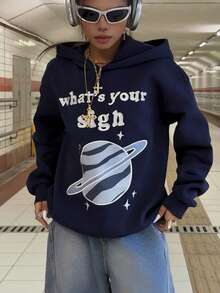 INAWLY 女士印花宽松长袖卫衣 - 藏蓝色 - 查看 8