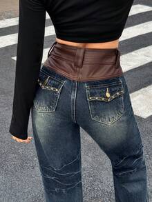Rivivi Women's Retro Nostalgic Maillard Style Patchwork PU Leather Embroidered Straight-Leg Jeans - Dark Wash - View 3