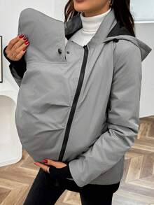 SHEIN Maternity 3-In-1 Grey Woven Fabric Hooded Coat With Extra-Long Sleeves Regular Length For Warmth