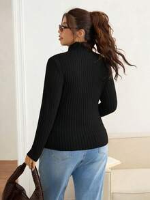 Lounesse Plus Solid Ribbed Slim Fit Mock Neck Knit Tee Office Work - Black - View 2