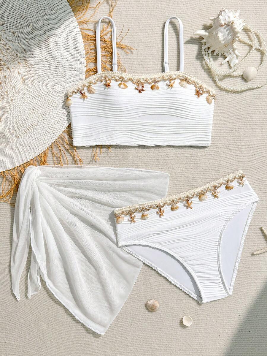SHEIN Tween Girls' Summer Beach Vacation Shell & Starfish Woven Strap Bikini Set