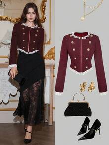SHEIN MOD Women's Burgundy Double-Breasted Lace Vintage Cropped Jacket In Fall/Winter