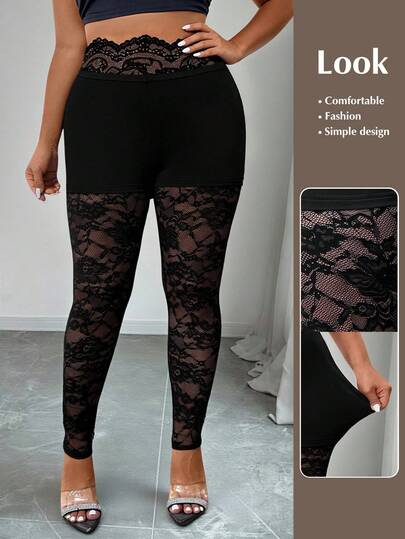 Elenzga Plus Size Women High Waist Fashionable Lace Patchwork Leggings