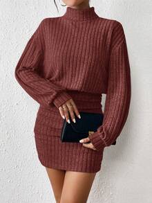 SHEIN Frenchy 女士时尚休闲罗纹高领长袖迷你连衣裙 - 紅色 - 查看 6